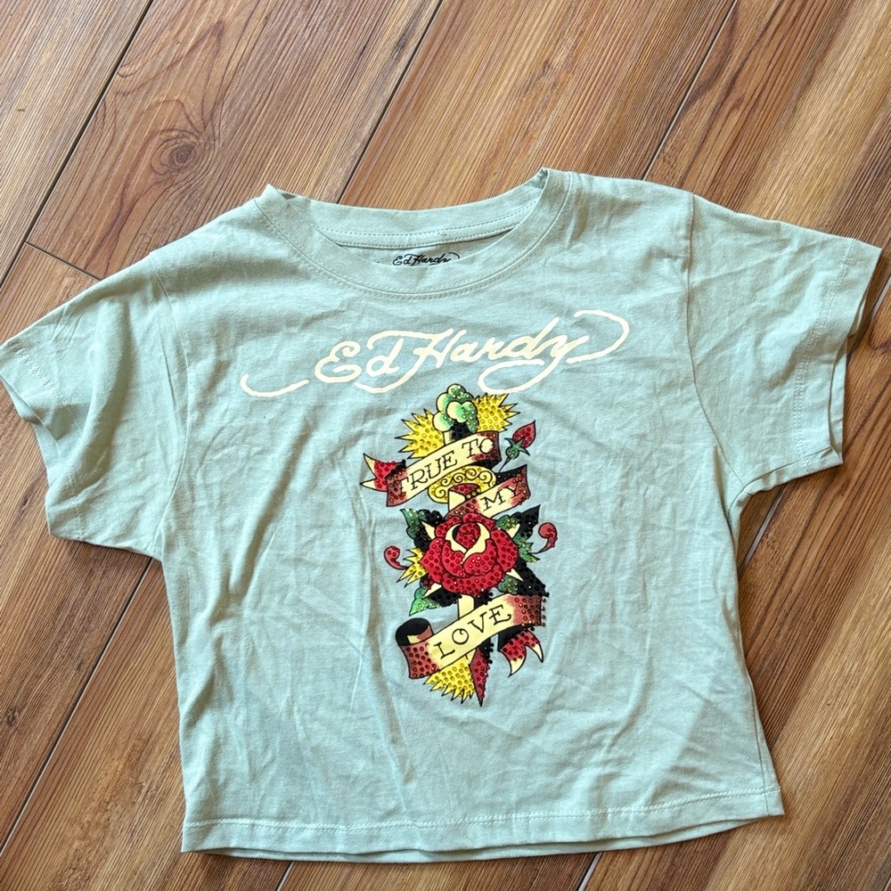 Ed Hardy Light Green Cropped Tee with Rose Graphic